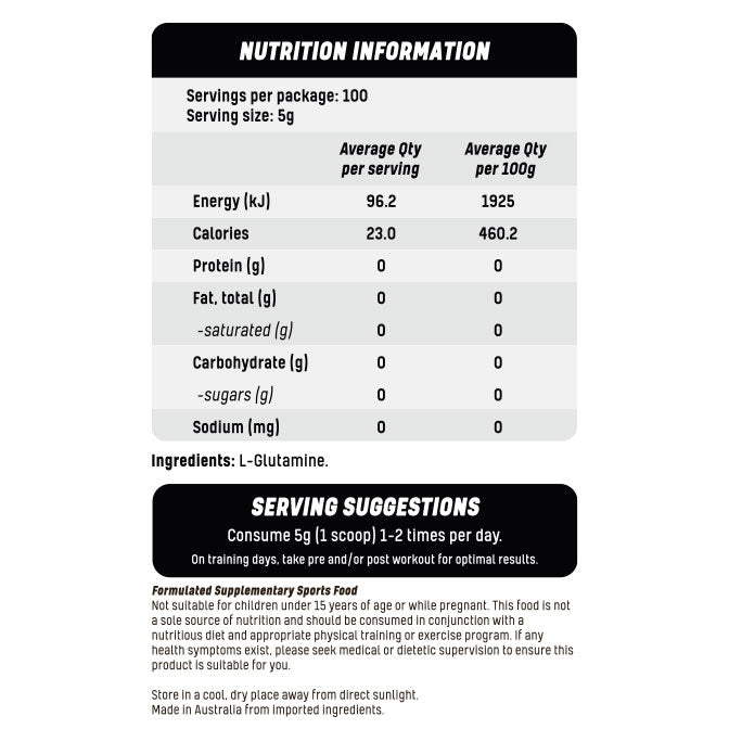 Essential Labs L-Glutamine Powder Unflavoured Nutrition Information Ingredients Serving Suggestions and Formulated Supplementary Sports Food Disclaimer