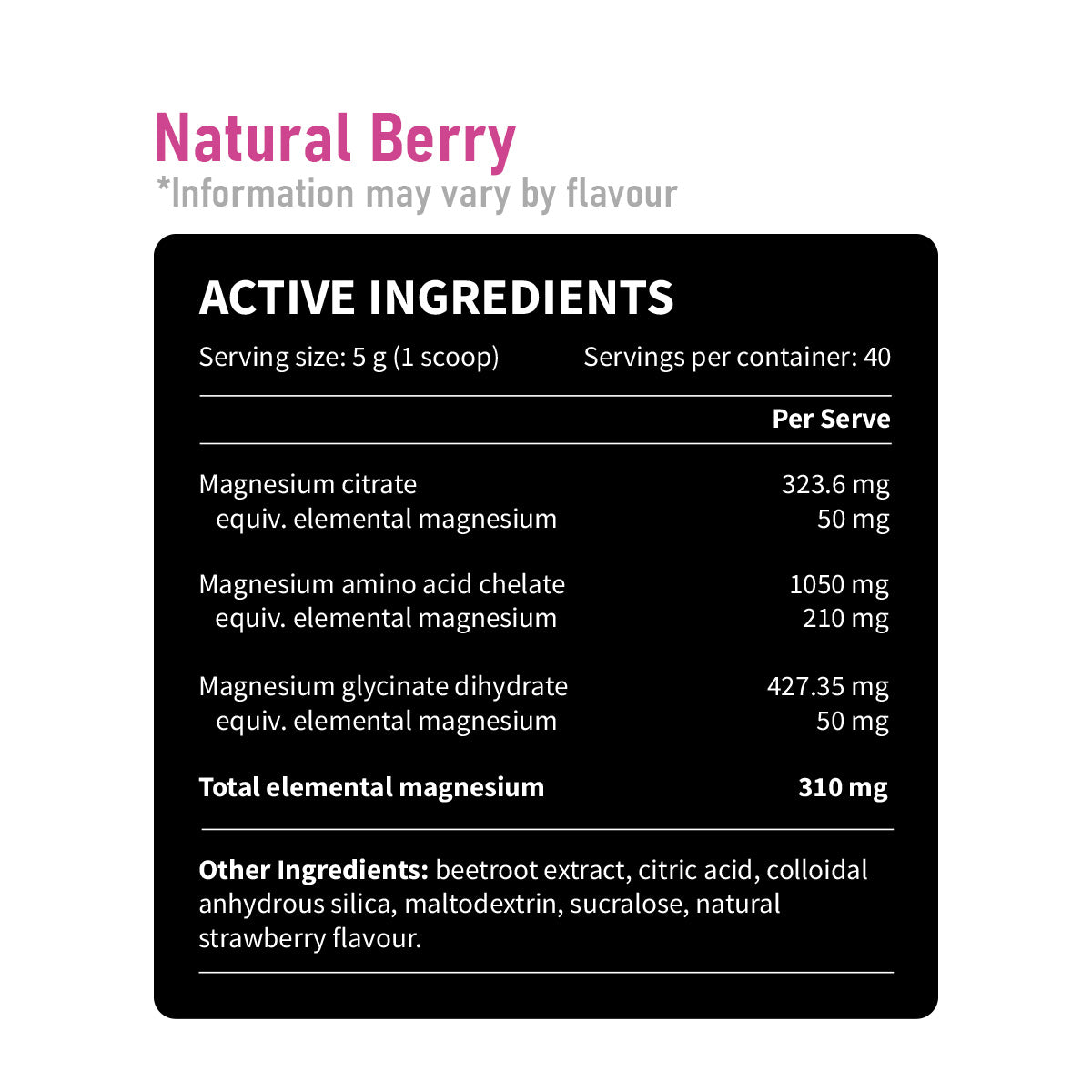 Pillar Performance Triple Magnesium 200g Natural Berry Nutrition Information and Ingredients