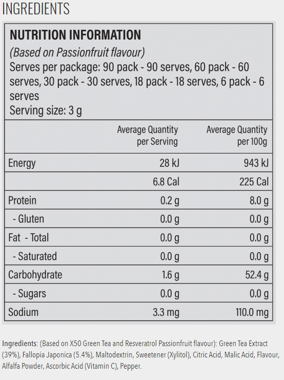 X50 Green Tea with Resveratrol Passionfruit Flavour Nutrition Information and Ingredients