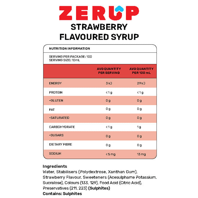 Zerup Zero Sugar Free Syrup Strawberry Flavour Nutrition Information and Ingredients