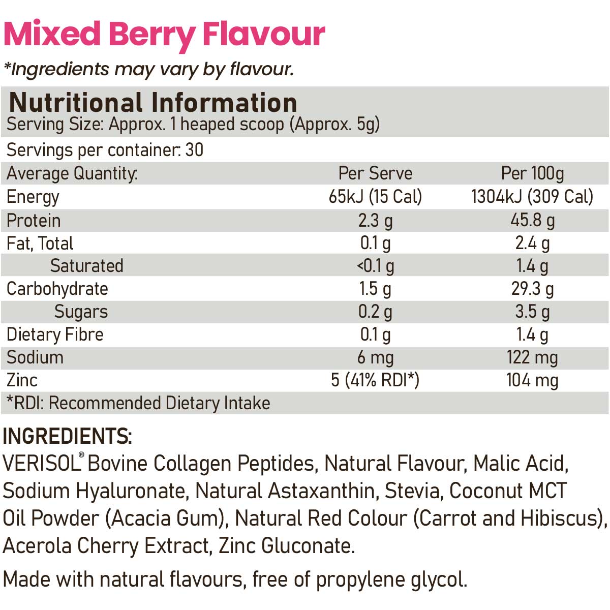 ATP Science Beauty Collagen powder mixed berry nutrition information and ingredients