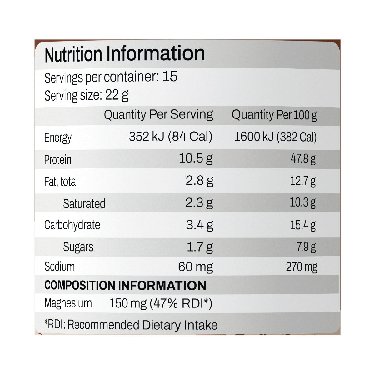 ATP Science Noway Hot Chocolate + Magnesium 15 serves 330g Nutrition Information
