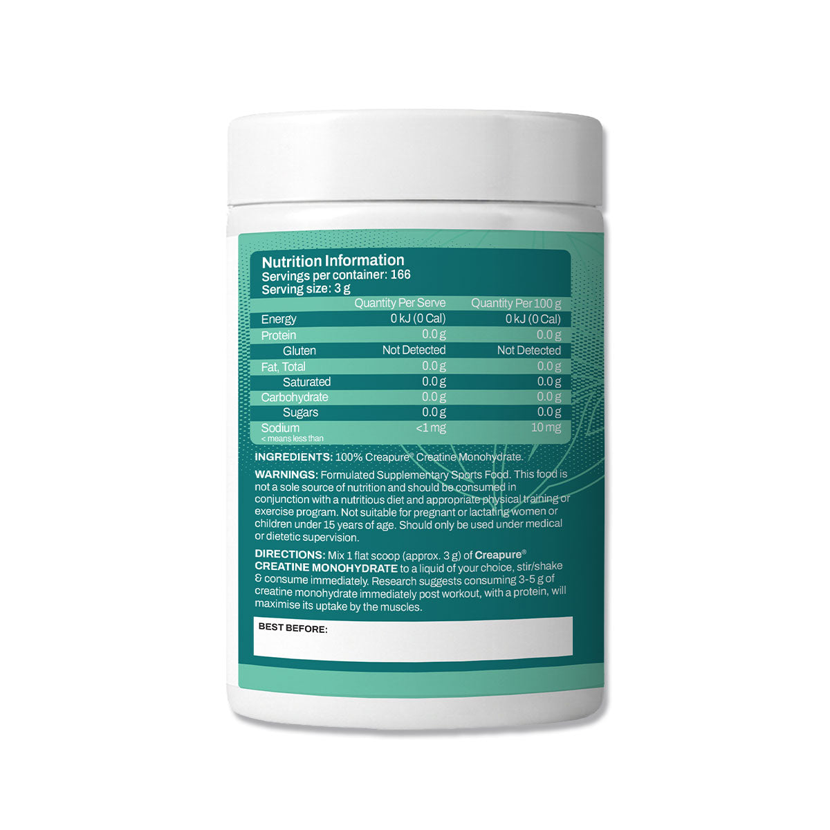 ATP Science Creapure Creatine Monohydrate 500g 166 serves Back Panel