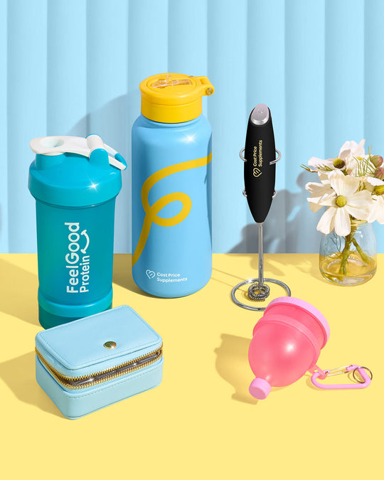 Collection of fitness and lifestyle products including a protein shaker, water bottle, and accessories on a colorful background.