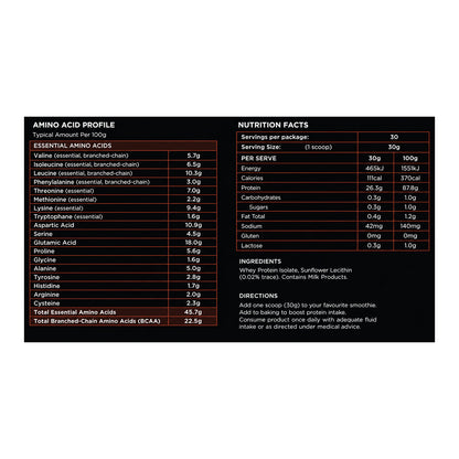 BN Protein - Pure Whey Protein Isolate 900g - BN Multi - Nutrition Information, Amino Acid Profile and Ingredients