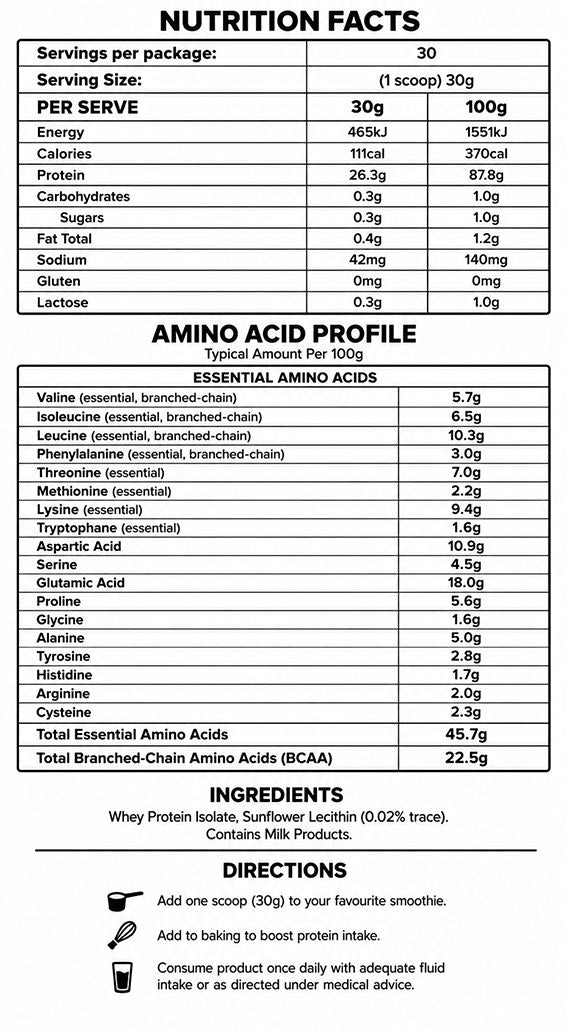 BN Protein - Pure Whey Protein Isolate 900g - BN Multi - Nutrition Information, Amino Acid Profile and Ingredients