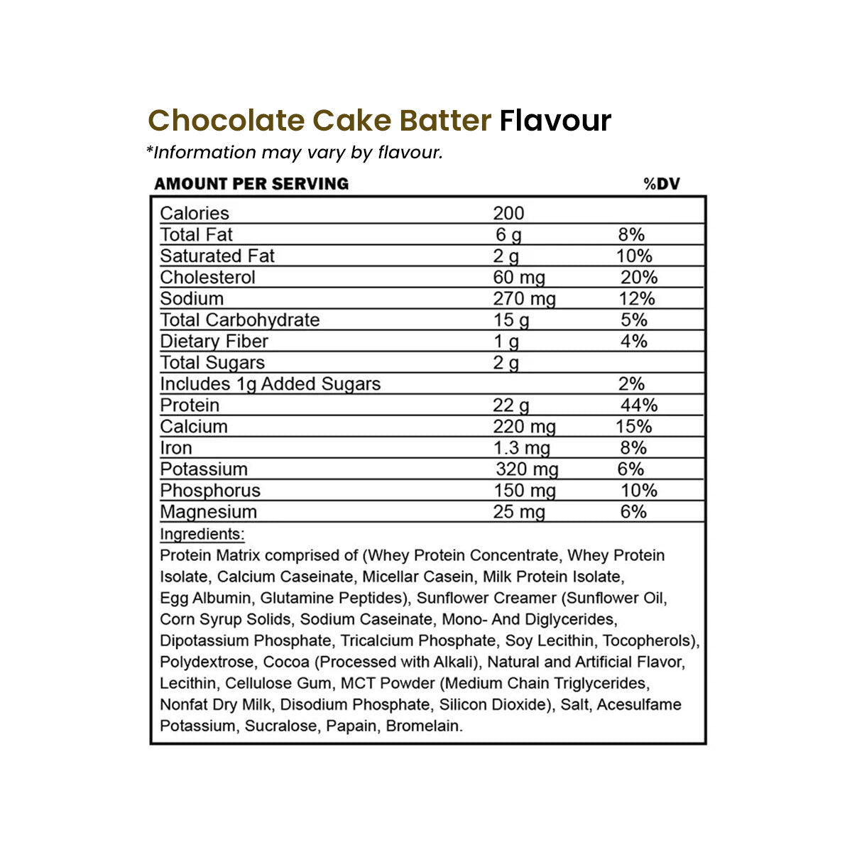 BSN Syntha-6 Protein Nutrition Information and Ingredients for Chocolate Cake Batter flavour