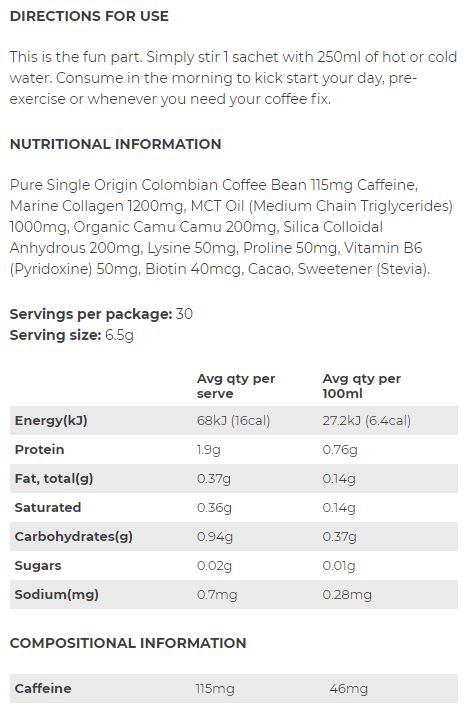 Before You Speak Collagen Coffee Nutrition Information and Ingredients