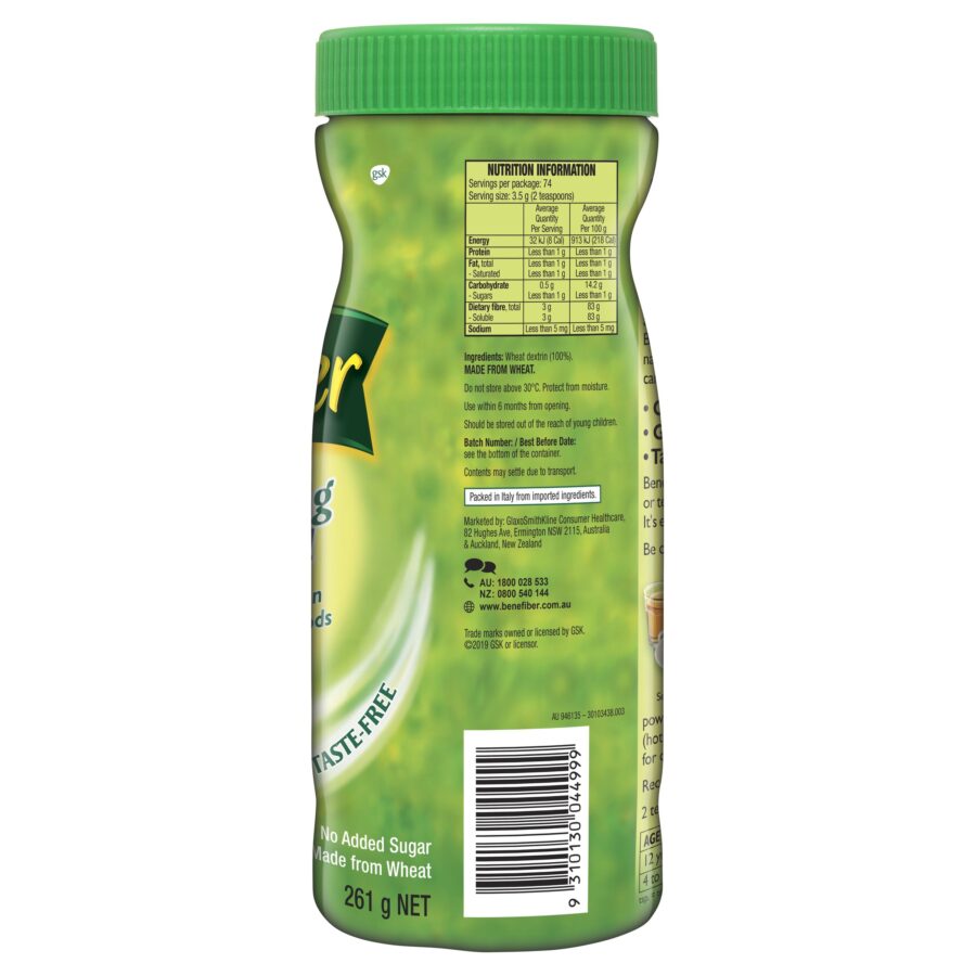 Benefiber 261g Back Panel Nutrition Information and Ingredients