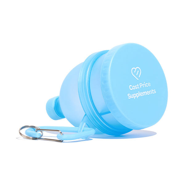 Group of powder funnels and pill containers featuring a key-chain by Cost Price Supplements.