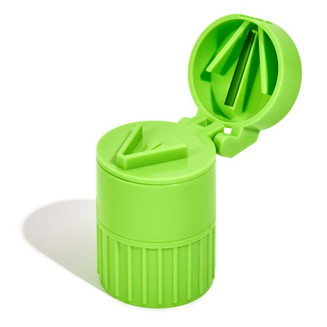 Green Pill Cutter - 3 in 1 by Cost Price Supplements showing cutting pill section of product