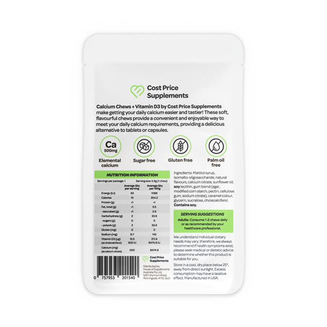 Calcium Chews by Cost Price Supplements Nutrition Information