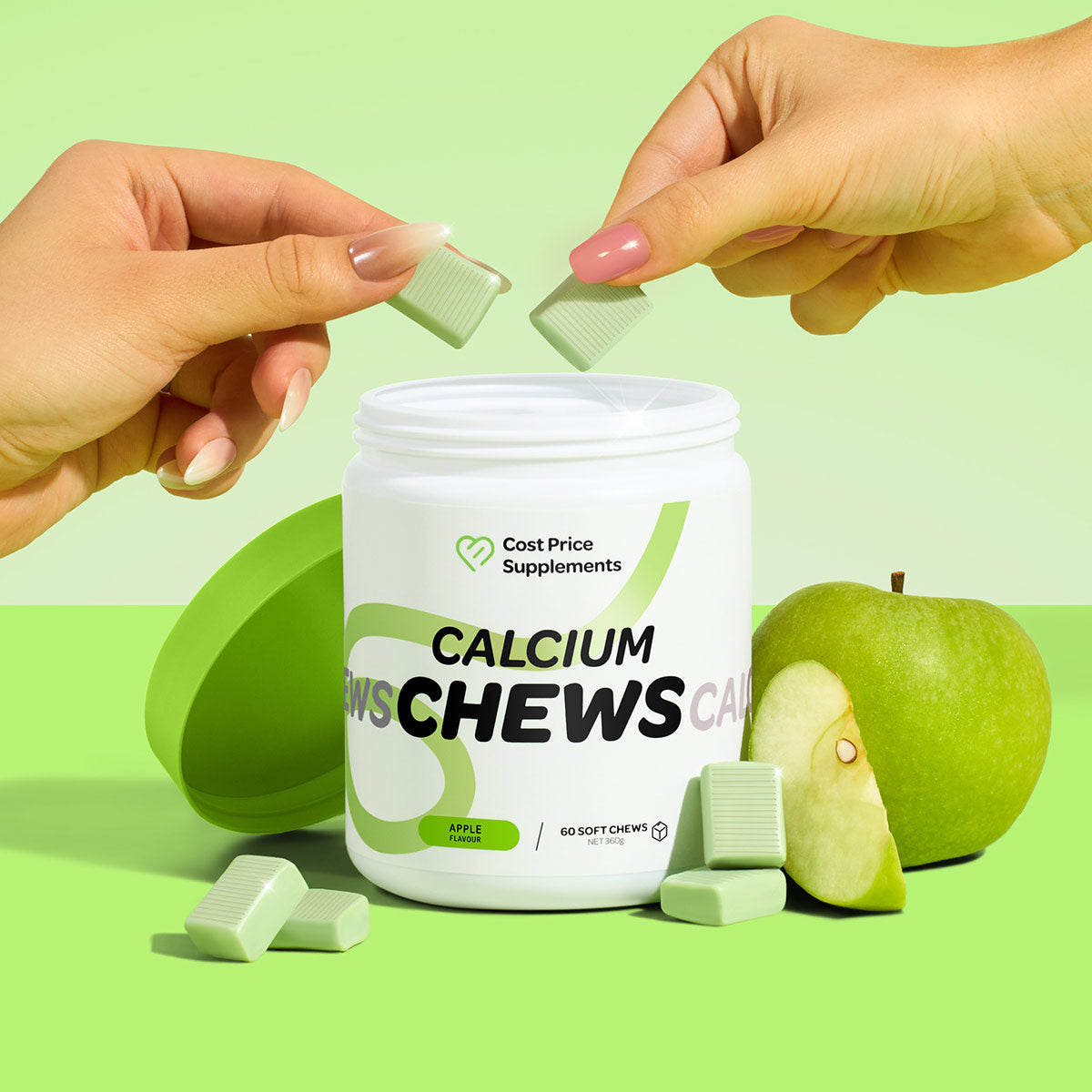 Calcium chews container with hands holding chew tabs against a green background