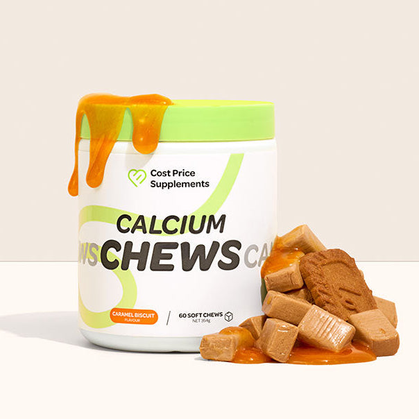 Calcium Chews with Vitamin D3 by Cost Price Supplements caramel soft chews next to caramel toffee
