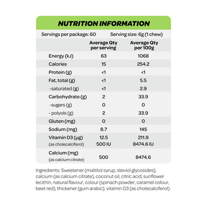Cost Price Supplements Calcium Chews  Raspberry Flavour Nutrition Information and Ingredients