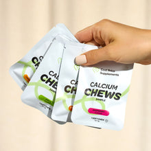 4 Flavours Samples of Calcium Chews by Cost Price Supplements on a beige curtain background