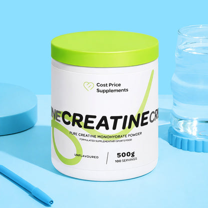 CPS Pure Creatine Monohydrate Powder on blue background