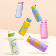 Colourful Water bottles in a falling motion on a cream background