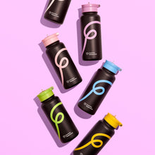 6 Black with colourful swirl water bottles on a bright pink background