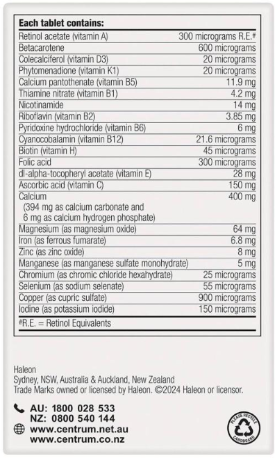 Centrum for women 60 tablets Ingredients List