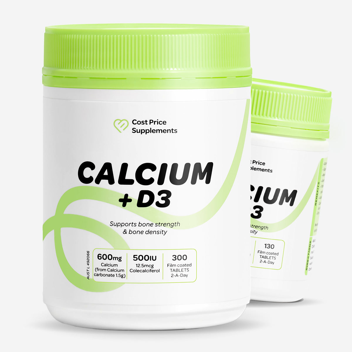 Cost Price Supplements Calcium + Vitamin D3 Tablets – 300 and 130 tablets - calcium and vitamin D supplement to support bone strength, calcium absorption, muscle function, and daily nutritional support