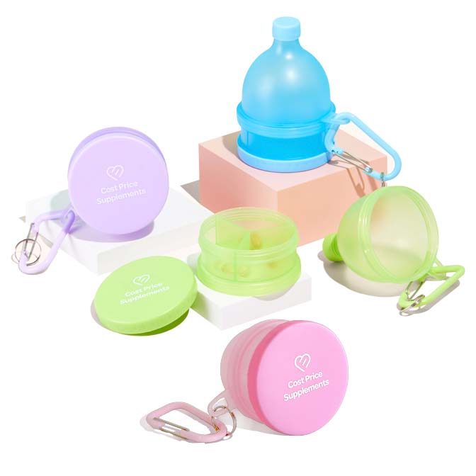 Group of powder funnels and pill containers featuring a key-chain by Cost Price Supplements.