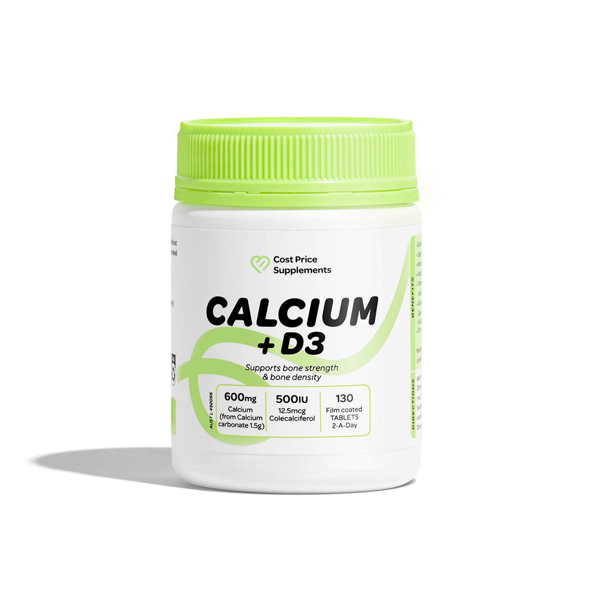 Cost Price Supplements Calcium + Vitamin D3 Tablets – 130 tablets - calcium and vitamin D supplement to support bone strength, calcium absorption, muscle function, and daily nutritional support