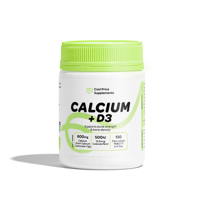 Cost Price Supplements Calcium + Vitamin D3 Tablets – 130 tablets - calcium and vitamin D supplement to support bone strength, calcium absorption, muscle function, and daily nutritional support