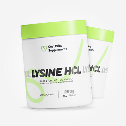 Cost Price Supplements L-Lysine HCl Powder 250g – pure unflavoured amino acid supplement for protein synthesis support, collagen formation, immune health, and everyday wellness