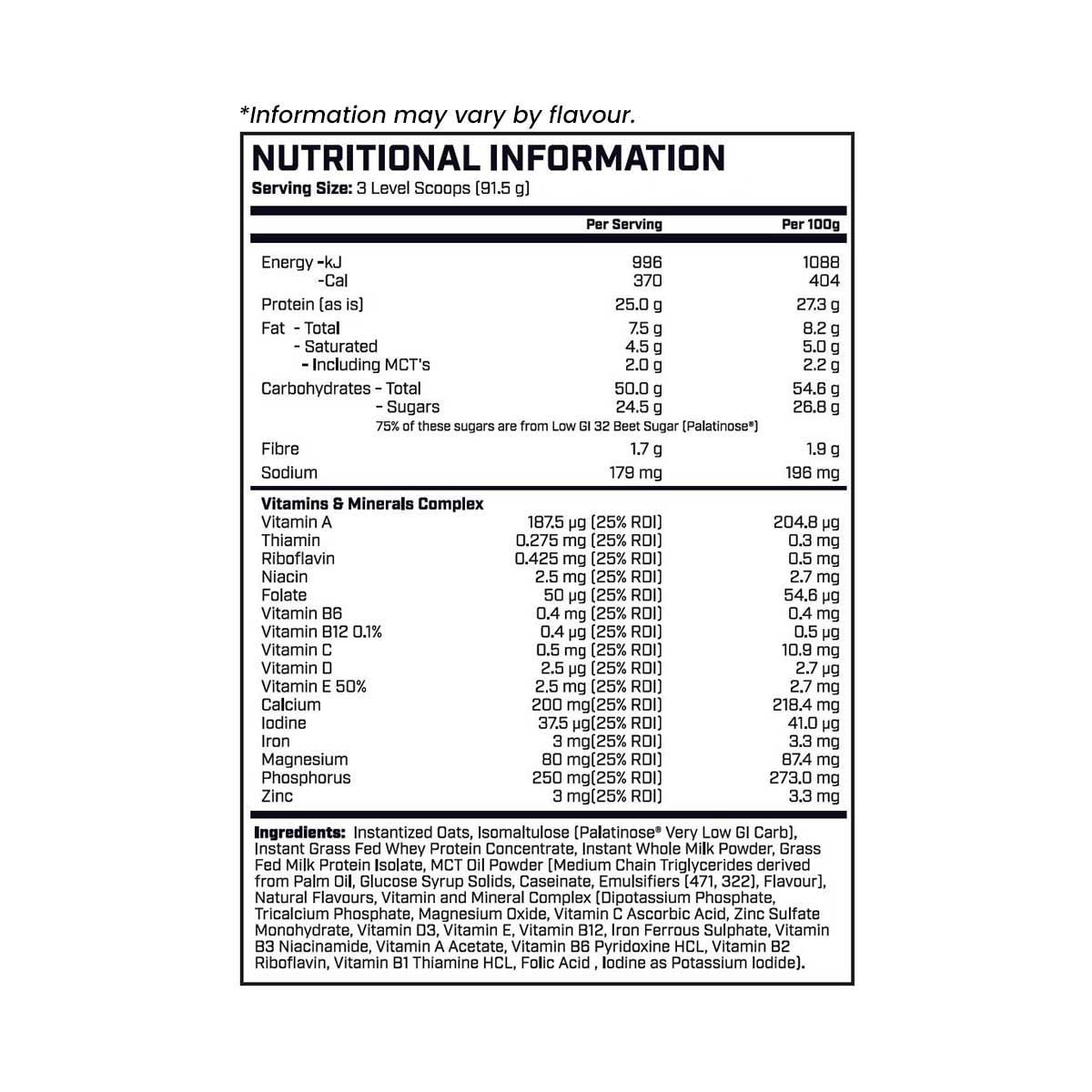 Cyborg Sport MRP Meal Replacement 3kg - Nutrition Information and Ingredients