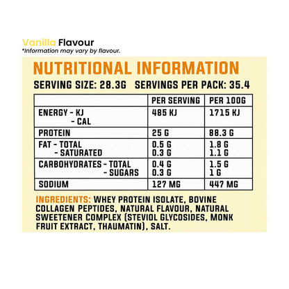 Cyborg Sport Whey Protein Isolate + Collagen Booster 1kg Nutrition Information for Vanilla Flavour