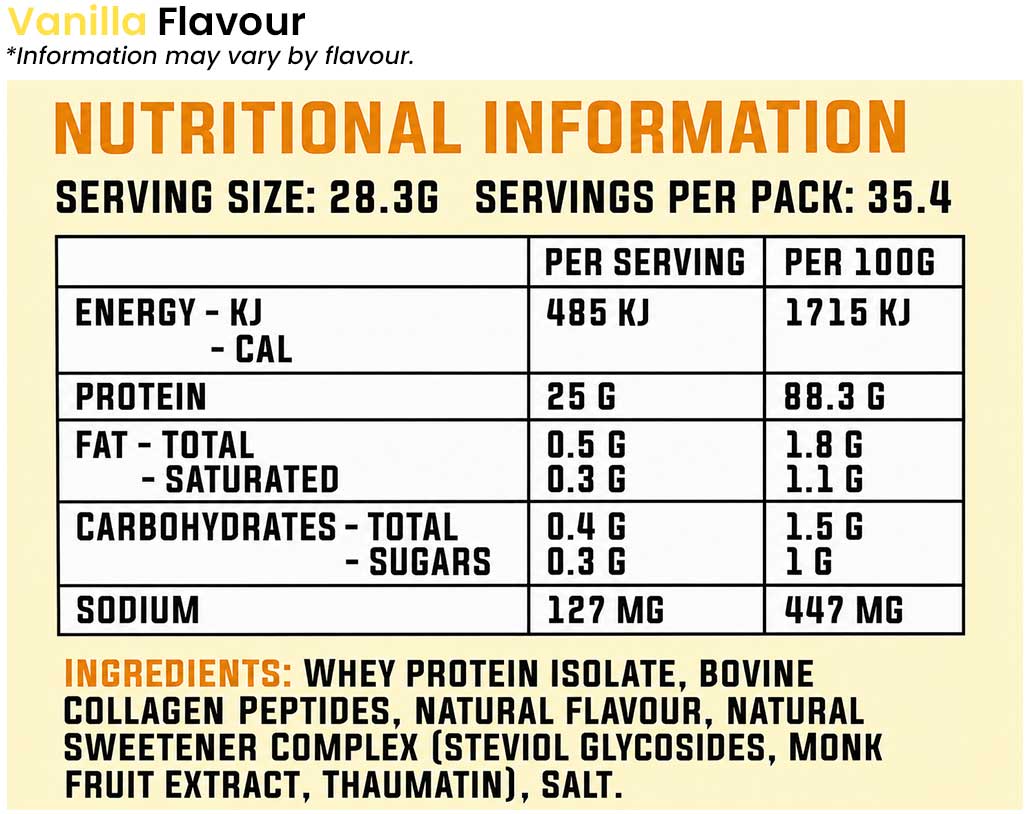 Cyborg Sport Whey Protein Isolate + Collagen Booster 1kg Nutrition Information for Vanilla Flavour