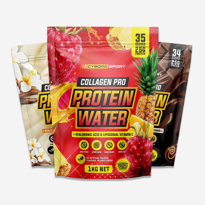 Cyborg Sport Collagen Protein Water available in 3 flavours on a grey background