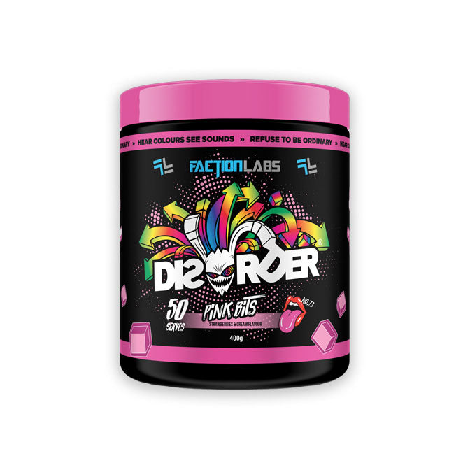Faction Labs Disorder Preworkout 50 serves 400g Pink Bits Strawberries & Cream Flavour
