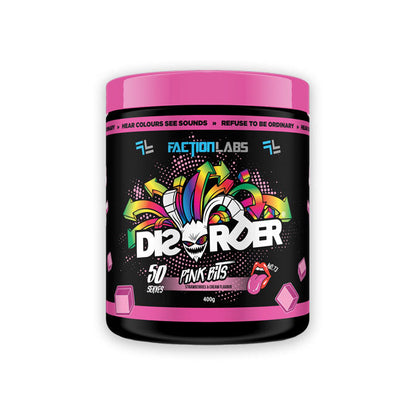 Faction Labs Disorder Preworkout 50 serves 400g Pink Bits Strawberries & Cream Flavour