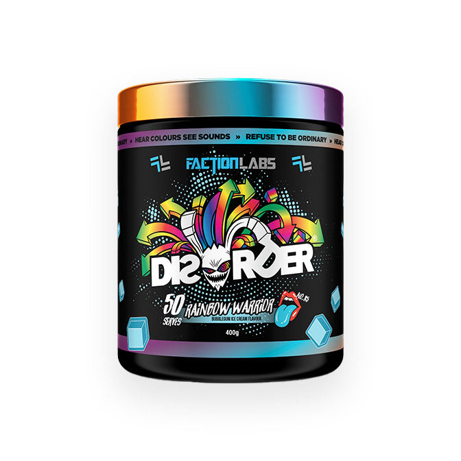 Faction Labs Disorder Preworkout 50 serves 400g Rainbow Warrior Bubblegum Ice Cream Flavour