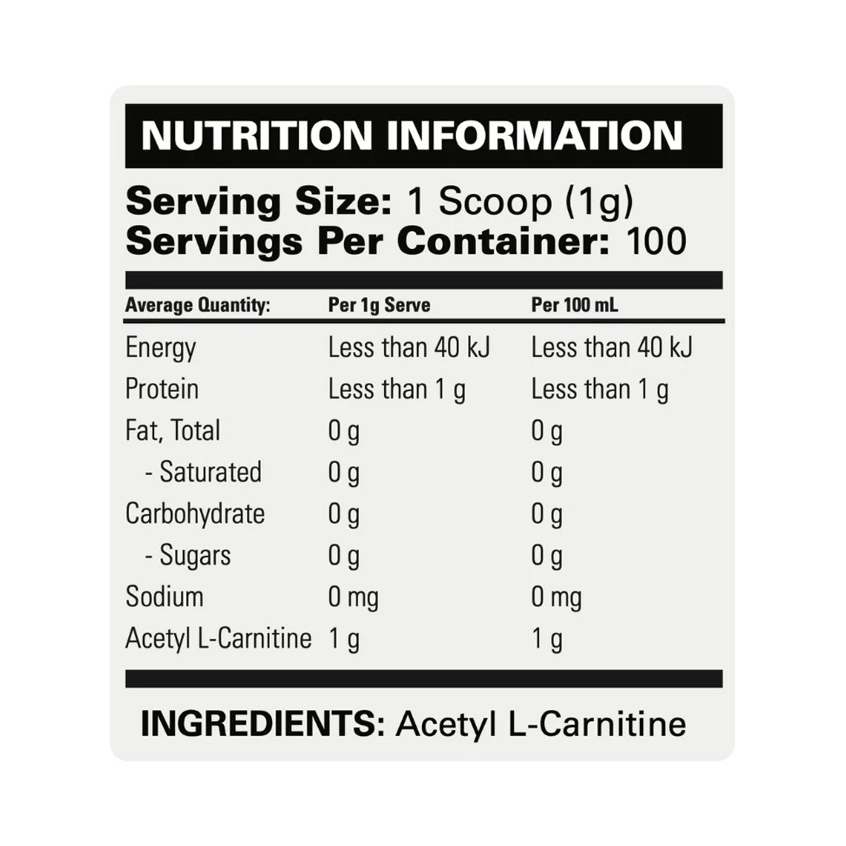 EHP Labs Acetyl L-Carnitine Nutrition Information and Ingredients