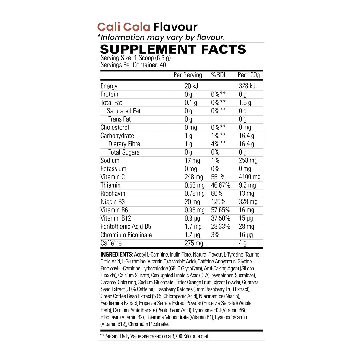 EHP Labs Oxyshred Hardcore Nutrition Information and Ingredients for Cali Cola Flavour