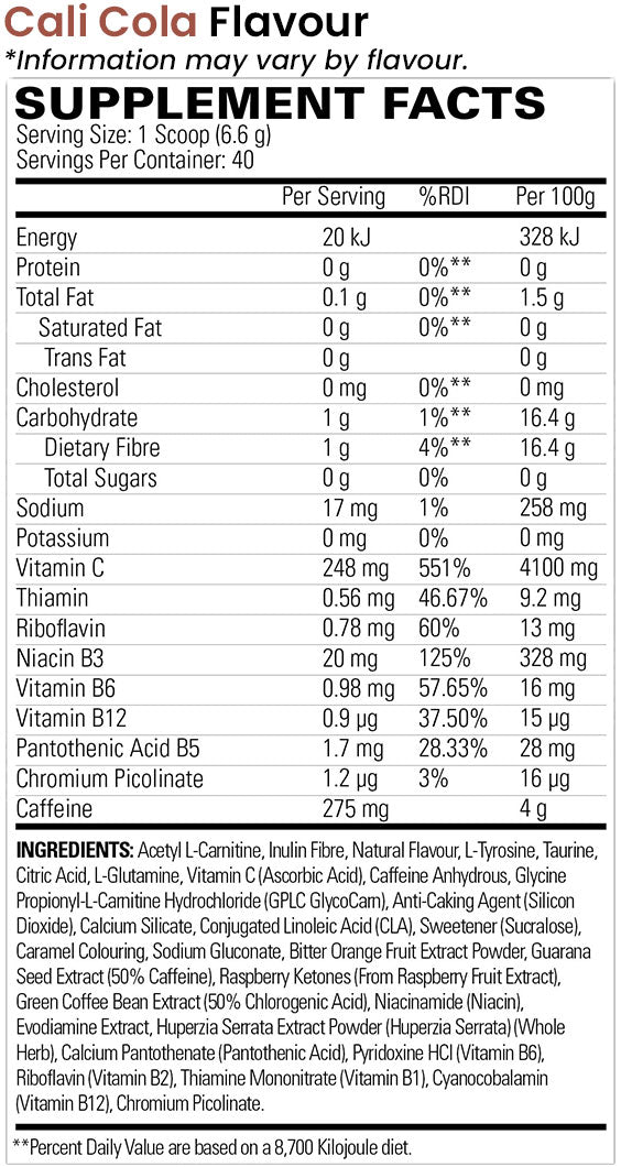 EHP Labs Oxyshred Hardcore Nutrition Information and Ingredients for Cali Cola Flavour