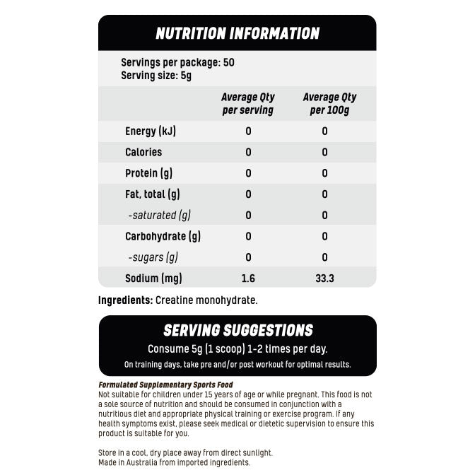 Essential Labs Creatine Monohydrate Powder Unflavoured 250g 50 servings Nutrition Information Ingredients Serving Suggestions Formulated Supplementary Sports Food Disclaimer
