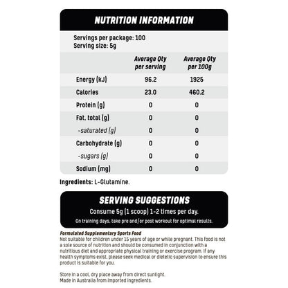 Essential Labs L-Glutamine Powder Unflavoured Nutrition Information Ingredients Serving Suggestions and Formulated Supplementary Sports Food Disclaimer