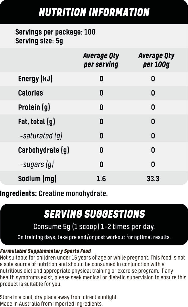 Essential Labs Creatine Monohydrate Powder Unflavoured 500g 100 servings Nutrition Information Ingredients Serving Suggestions Formulated Supplementary Sports Food Disclaimer