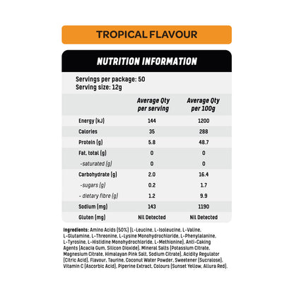 Essential Labs Essential Amino + Hydration Tropical Flavour Nutrition Information