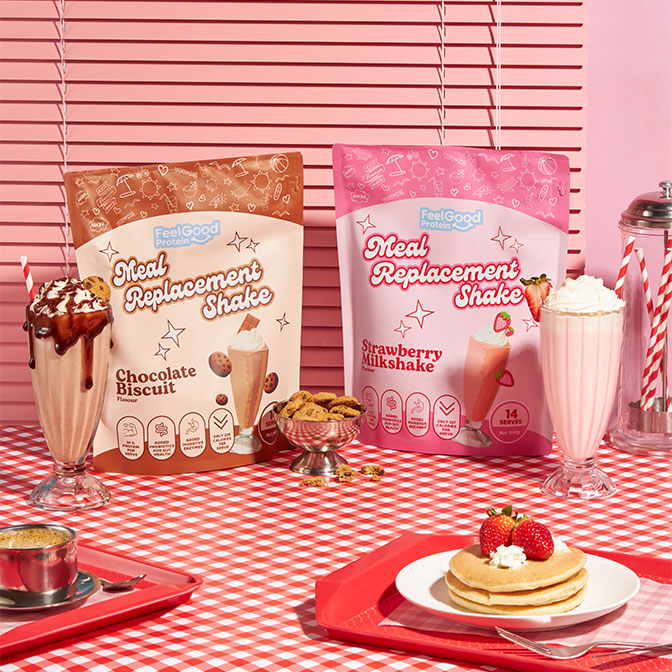 Chocolate Biscuit and Strawberry Milkshake Meal Replacement Shake by Feel Good Protein in a retro diner