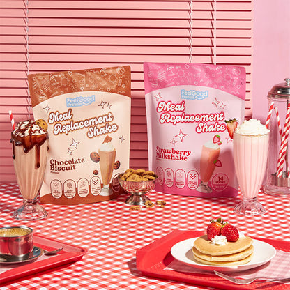 Chocolate Biscuit and Strawberry Milkshake Meal Replacement Shake by Feel Good Protein in a retro diner
