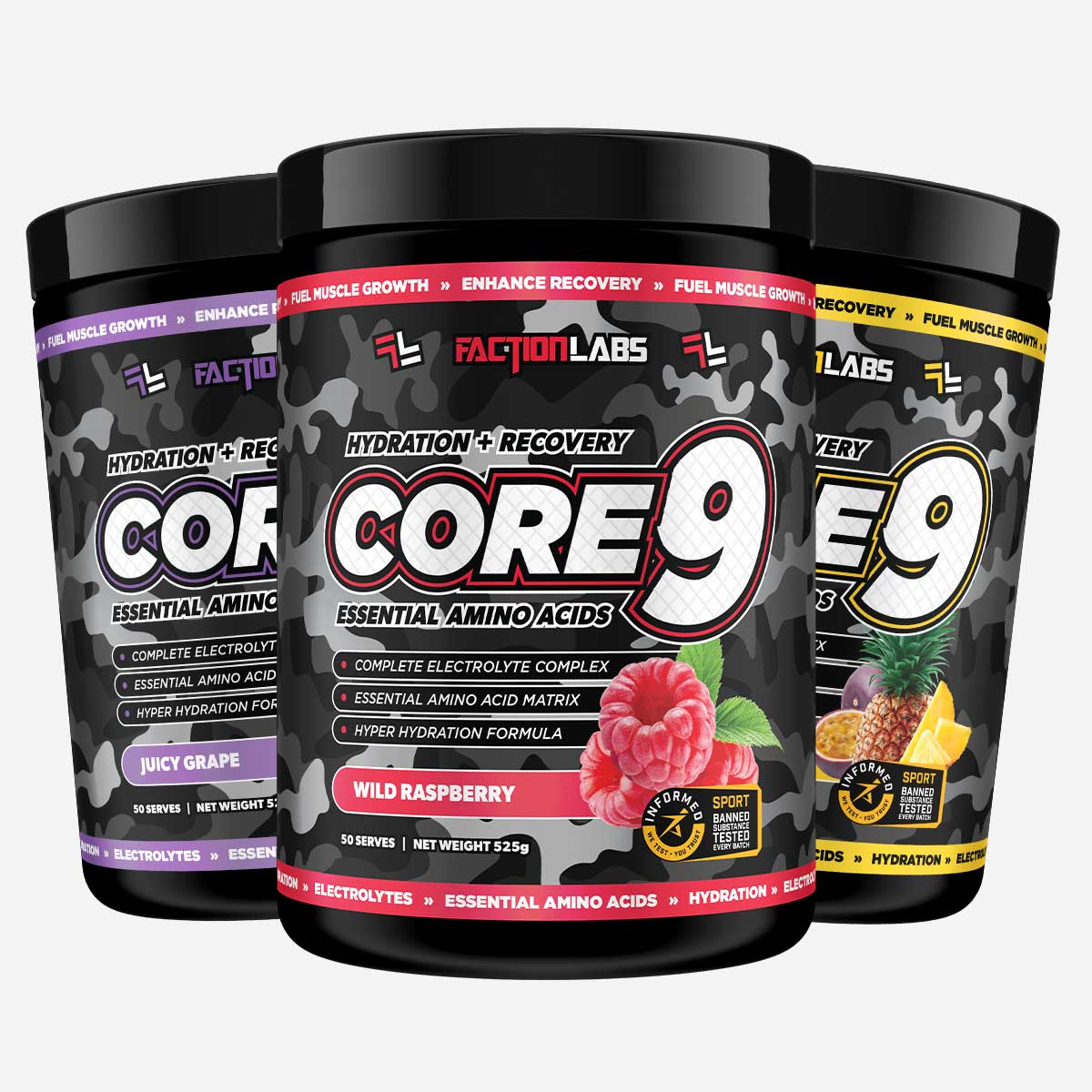 Faction Labs Hydration + Recovery Core 9 Essential Amino Acids 50 serves 525g 3 flavours