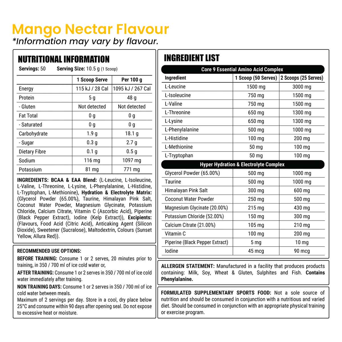 Faction Labs Hydration + Recovery Core 9 Essential Amino Acids 50 serves 525g Mango Nectar Flavour Nutrition Information and Ingredients