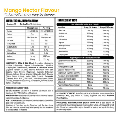 Faction Labs Hydration + Recovery Core 9 Essential Amino Acids 50 serves 525g Mango Nectar Flavour Nutrition Information and Ingredients