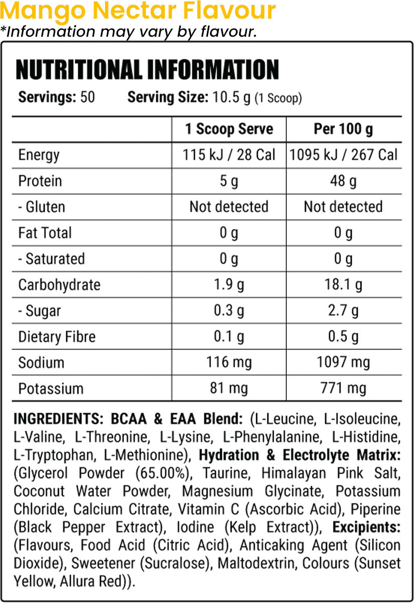 Faction Labs Hydration + Recovery Core 9 Essential Amino Acids 50 serves 525g Mango Nectar Flavour Nutrition Information and Ingredients