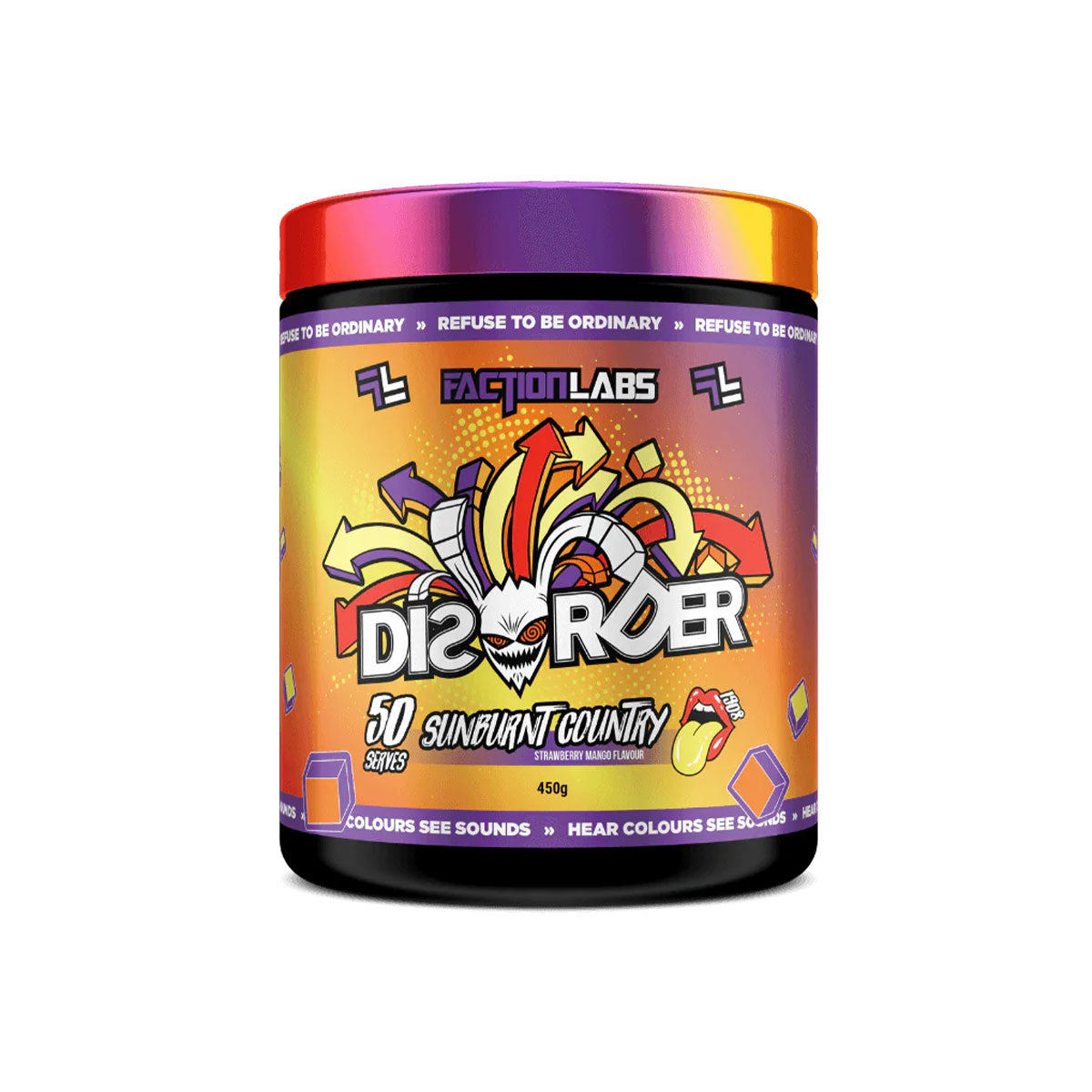 Faction Labs Disorder Preworkout 50 serves 400g sunburnt country strawberry mango flavour